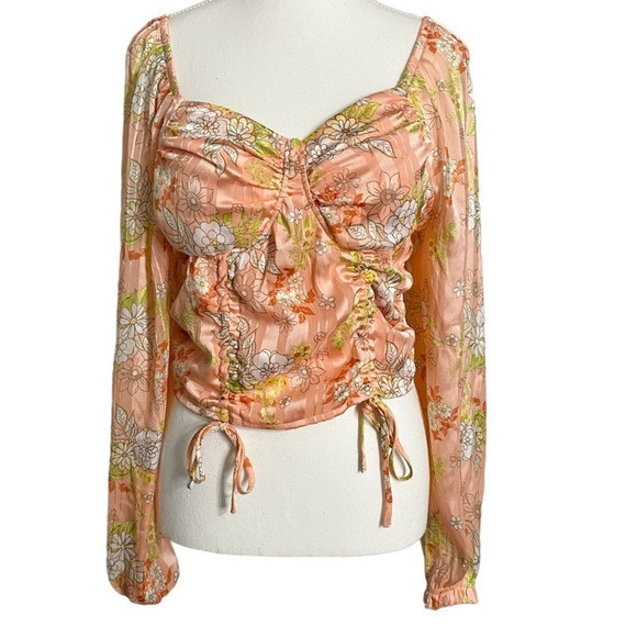 Madden NYC Tops - Madden NYC Junior's Orange Floral Ruched Front Top with Sheering & Bra Cup